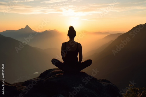 A silhouette of a woman meditating on a mountaintop during sunset. The serene landscape reveals a gradient sky and layers of distant mountains.
