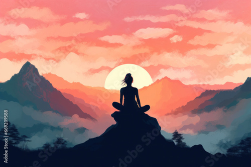 An illustration of a silhouette of a woman meditating on a mountaintop during sunset. The serene landscape reveals a gradient sky and layers of distant mountains.