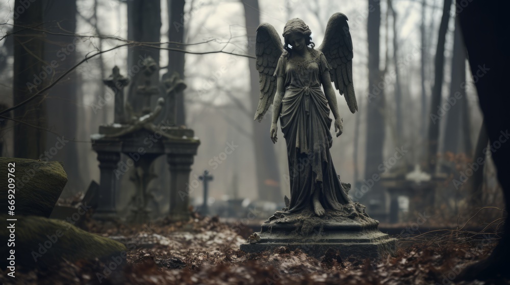 angel in the cemetery, a vintage statue representing an angel in a cemetery in the woods