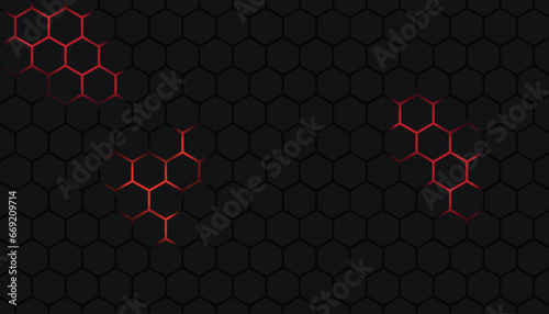 Black hexagon abstract technology background with red colored bright flashes under the hexagon.