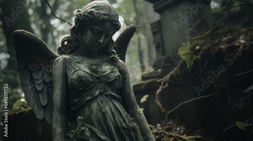 angel in the cemetery, a vintage statue representing an angel in a cemetery in the woods