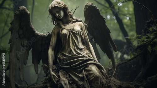 angel in the cemetery, a vintage statue representing an angel in a cemetery in the woods © medienvirus