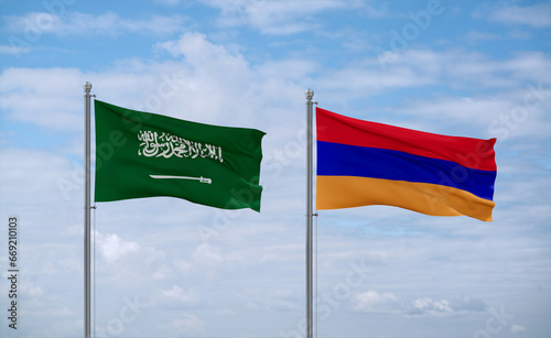 Armenia and Saudi Arabia flags, country relationship concept