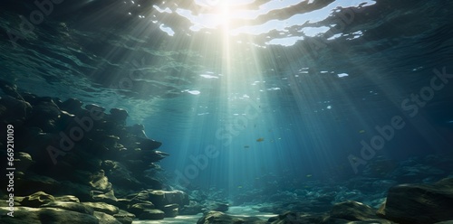 Scenic Underwater Beauty Sunlit Blue Ocean Background, Beautiful blue ocean background with sunlight and undersea scene © Ikhou