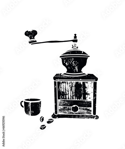 Vector illustration with black vintage coffee mill, cup and beans isolated on white background.  