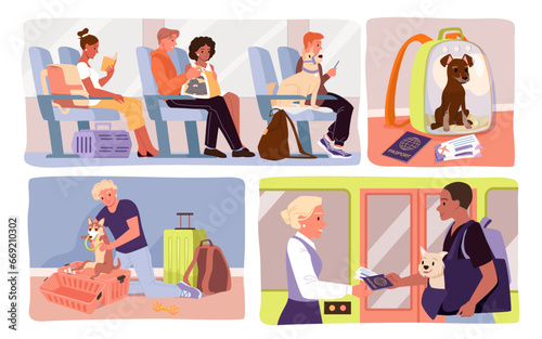 Cartoon scenes in plane and bus, train with people and pets inside plastic carrier boxes, transportation and delivery of animals. Travel with cats and dogs in transport set vector illustration