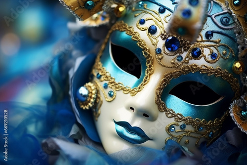 Close-up of intricate and ornate Carnival masks, love and creativity with copy space