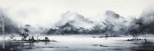 Black ink paint of lake and mountains. Oriental minimalistic Japanese illustrative style. copyspace for your text.