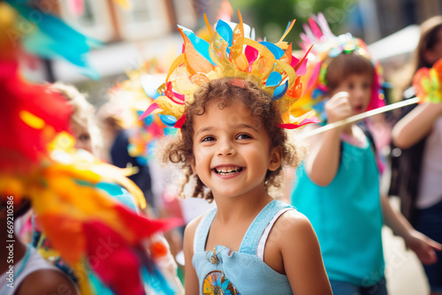 A children's carnival procession with pint-sized revelers, love and creativity with copy space