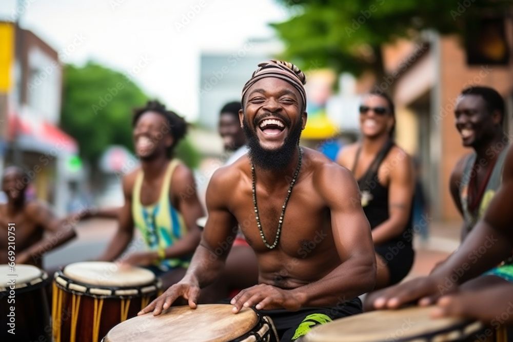 A local drumming group performing in the streets, love and creativity with copy space