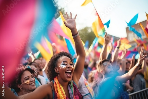 A vibrant group of carnival-goers waving flags and banners, love and creativity with copy space