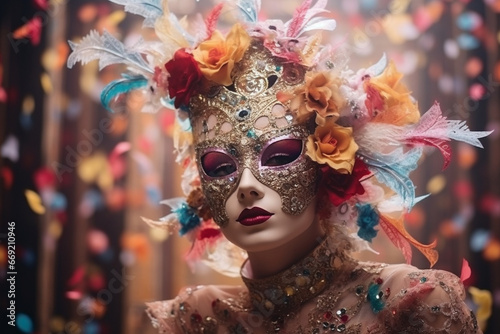 A dazzling carnival mask-maker displaying their creations, love and creativity with copy space