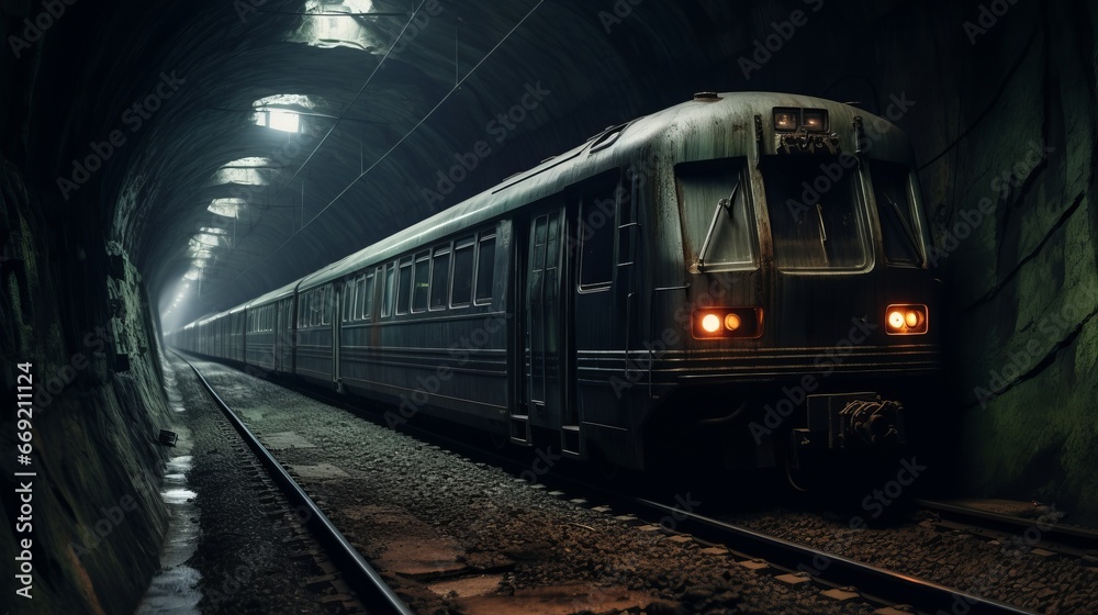 Naklejka premium subway train in a tunnel section cut