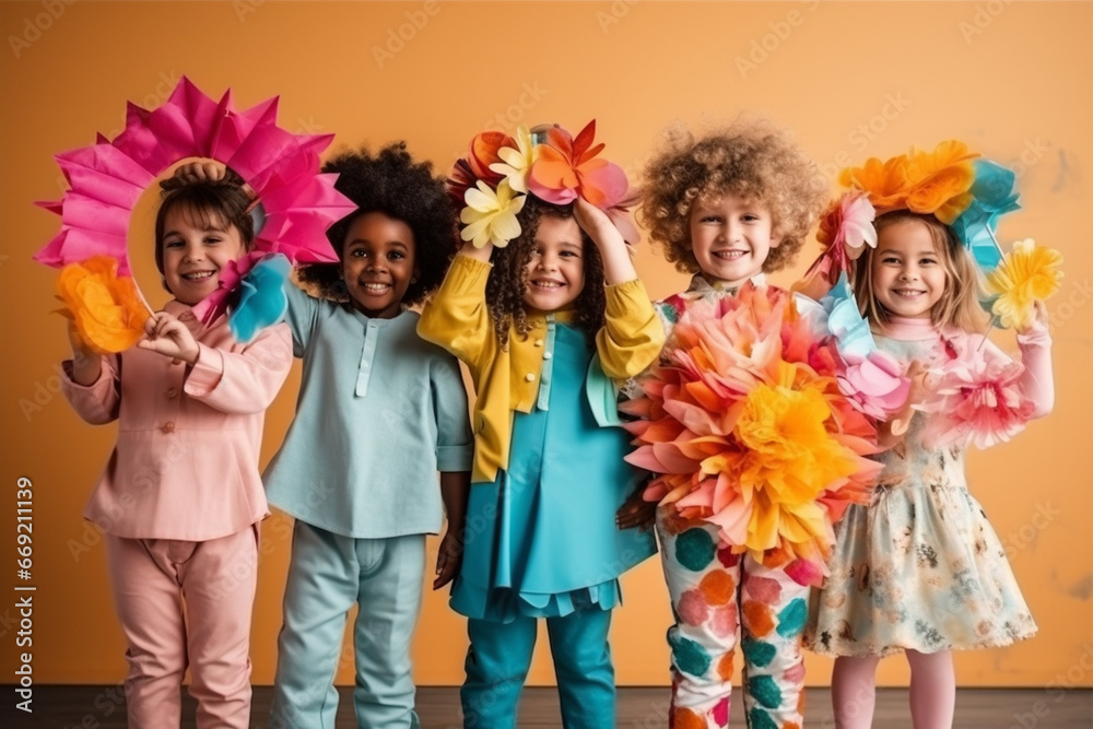 A group of children parading in their carnival costumes, love and creativity with copy space A group of children parading in their carnival costumes, love and creativity with copy space