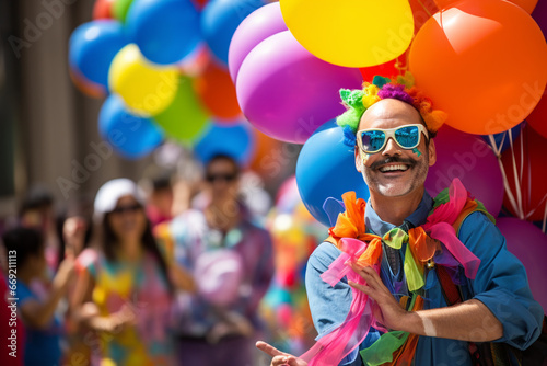 A colorful balloon vendor surrounded by carnival revelers, love and creativity with copy space