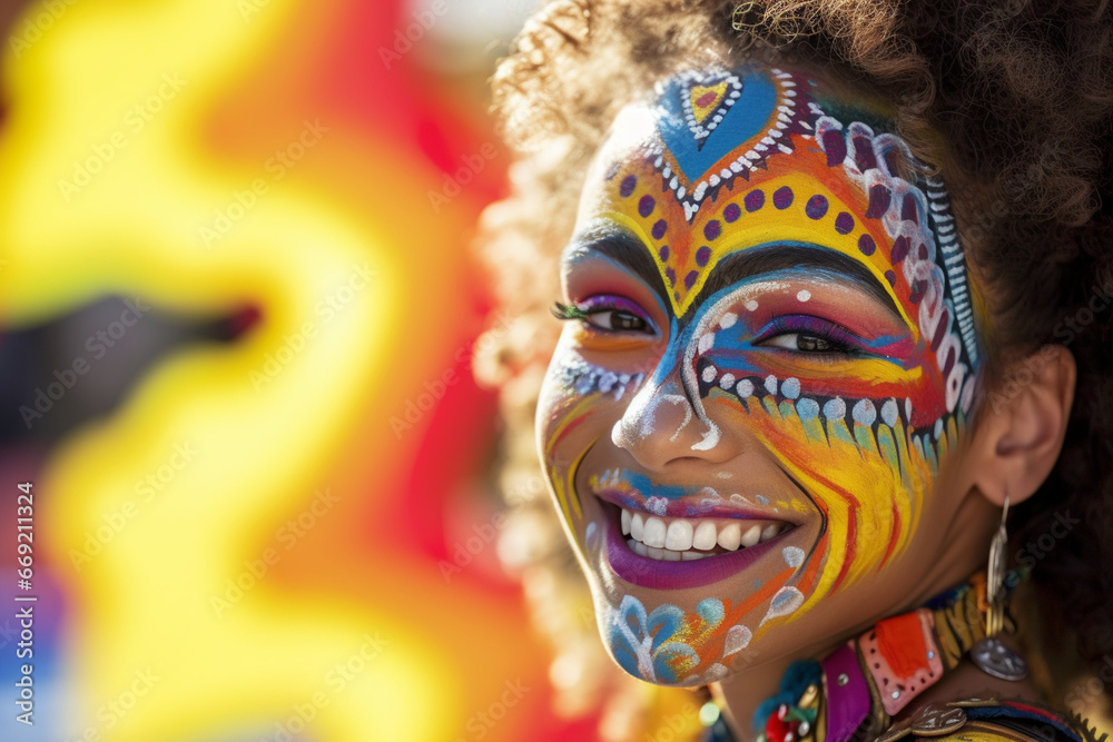 A carnival-goer with a face painted in colorful patterns, love and creativity with copy space A carnival-goer with a face painted in colorful patterns, love and creativity with copy space