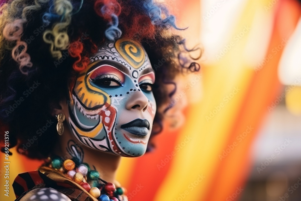 A carnival-goer with a face painted in colorful patterns, love and creativity with copy space A carnival-goer with a face painted in colorful patterns, love and creativity with copy space