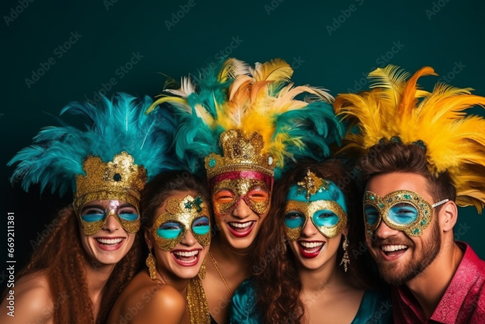 A joyful group of friends posing with their carnival costumes, love and creativity with copy space