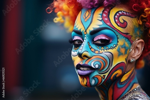 A carnival-goer with a face painted in colorful patterns, love and creativity with copy space