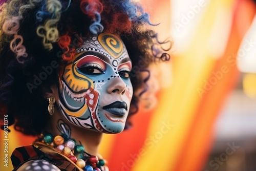 A carnival-goer with a face painted in colorful patterns, love and creativity with copy space