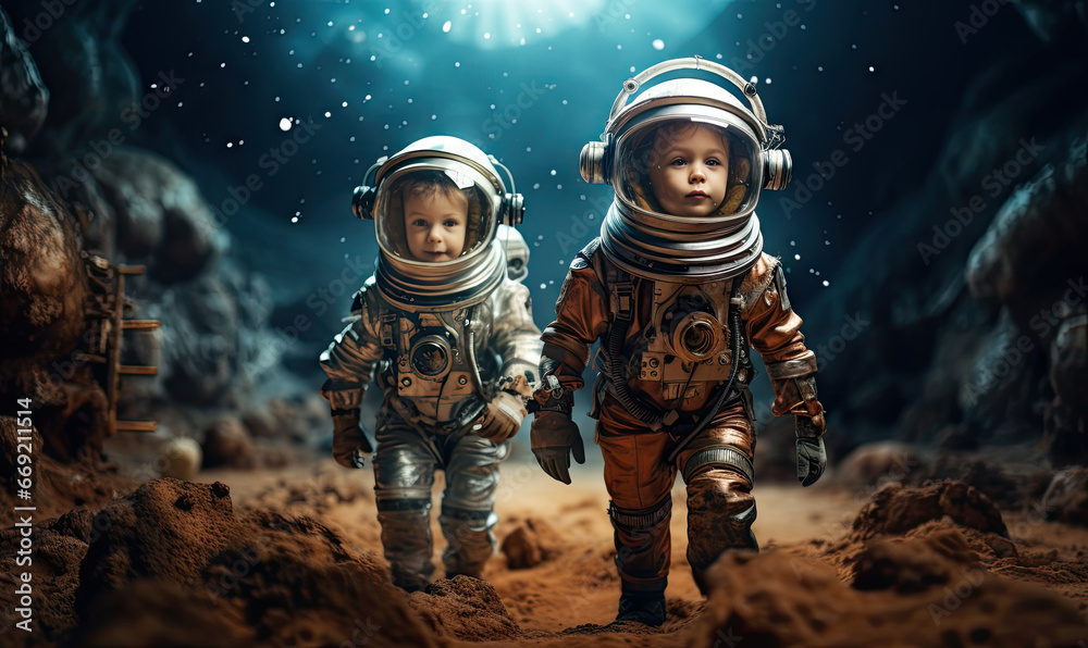 Two children in spacesuits joyfully play on a lunar surface.