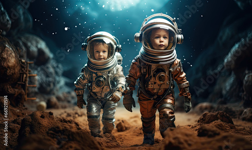 Two children in spacesuits joyfully play on a lunar surface.