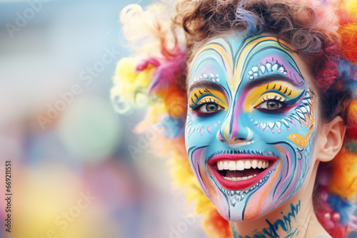 A carnival-goer with a face painted as a whimsical creature, love and creativity with copy space