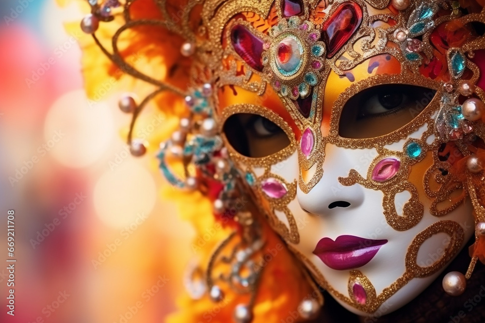 A carnival-goer with a unique and intricate face mask, love and creativity with copy space