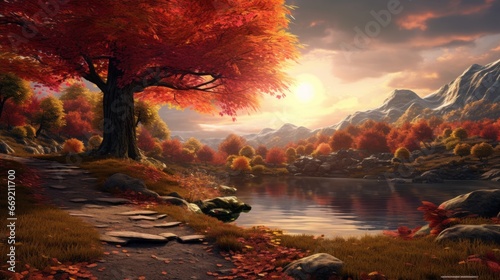 sunset in the forest in the mountains, beautiful autumn wallpaper