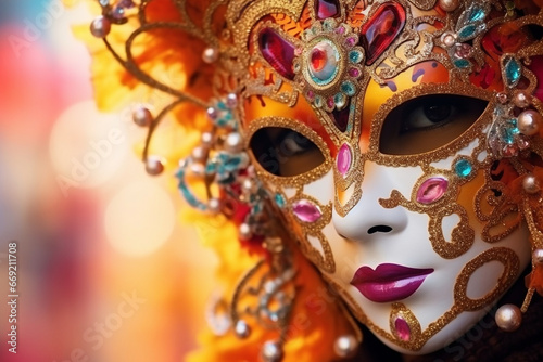 A carnival-goer with a unique and intricate face mask, love and creativity with copy space