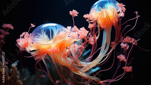 Illustration of a multicolored jellyfish in the dark. Wallpaper, background.  © Oksana Tryndiak