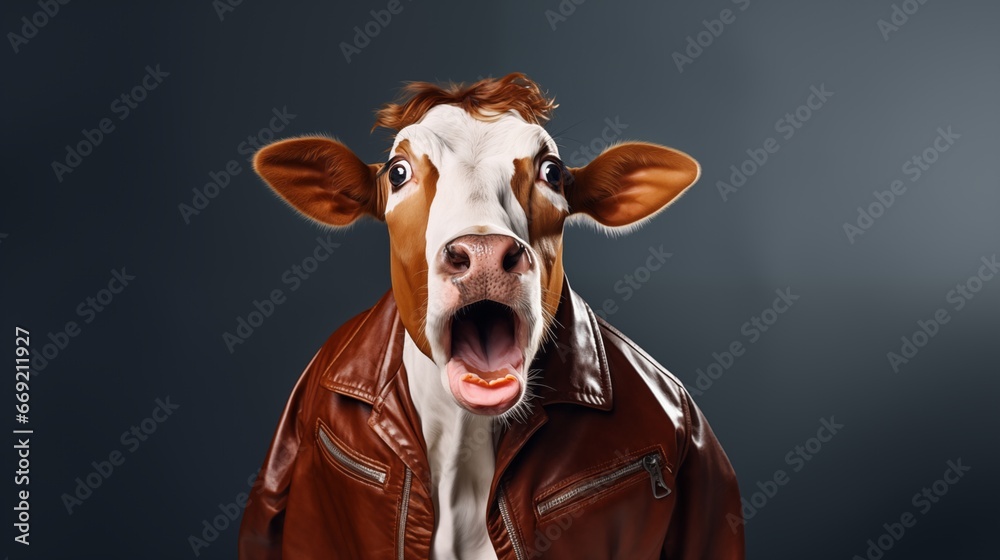 A studio portrait of a funky cow wearing a brown leather jacket, sunglasses, on a dark grey solid colored background with a surprised expression, mouth wide open A studio portrait of a funky cow wearing a brown leather jacket, sunglasses, on a dark grey solid colored background with a surprised expression, mouth wide open