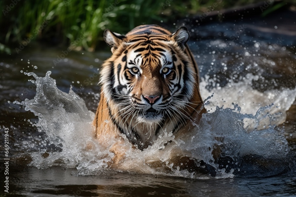 Naklejka premium tiger running in the water