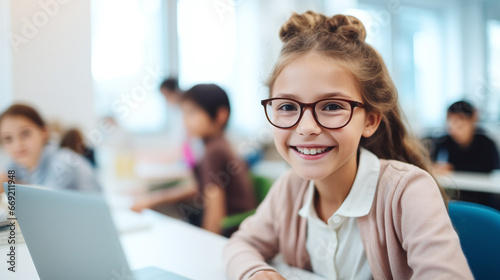 portrait of childs learning at a laptop in the school photo