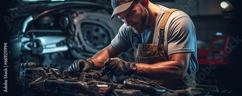 Technician worker of car mechanic working on car repair. Service or maintenance vehicle.