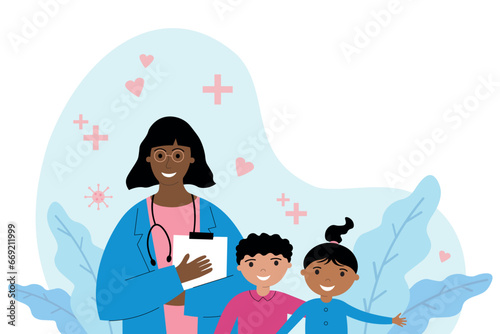 Children's doctor medic hand drawn vector illustration with African American pediatrician and children on isolated white background. Healthcare medicine health baby, babies visit the physician photo
