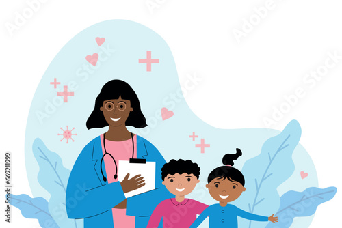 Children's doctor medic hand drawn vector illustration with African American pediatrician and children on isolated white background. Healthcare medicine health baby, babies visit the physician