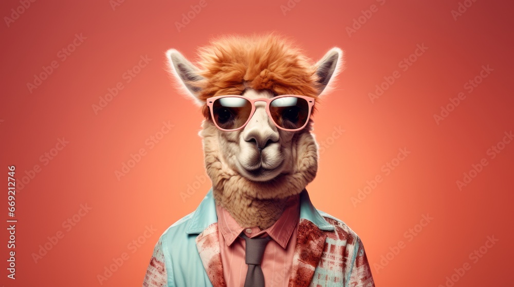 A studio portrait of a funky hipster alpaca wearing a jacket, sunglasses, on a seamless pink colored solid colored background