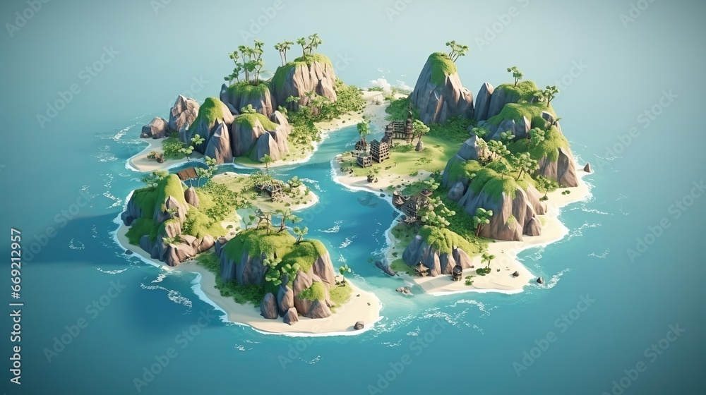 Isometric map of some tiny isles with houses on it in the carribean sea, video game concept art - obrazy, fototapety, plakaty 