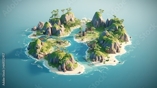 Fotografiet Isometric map of some tiny isles with houses on it in the carribean sea, video g