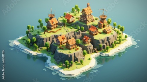 Isometric map of some tiny isle with houses on it in the carribean sea, video game concept art