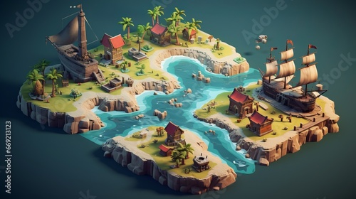 Isometric map of some tiny isles with houses on it in the carribean sea, video game concept art