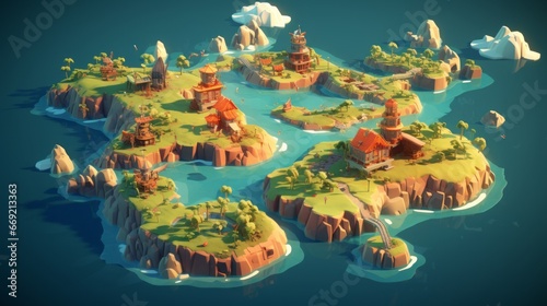 Isometric map of some tiny isles with houses on it in the carribean sea, video game concept art