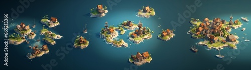 Isometric map of some tiny isles with houses on it in the carribean sea, video game concept art photo
