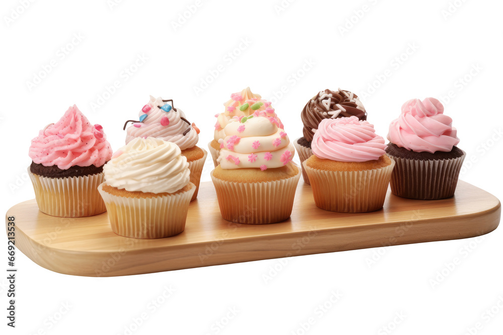 Delicious Cup Cakes Serve on Board, Transparent Background