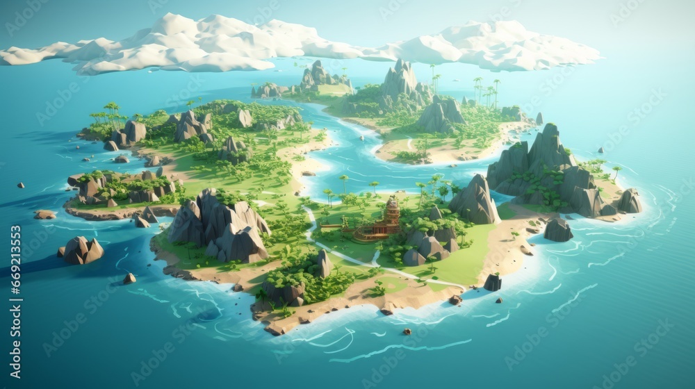 Isometric map of some tiny isles with houses on it in the carribean sea, video game concept art