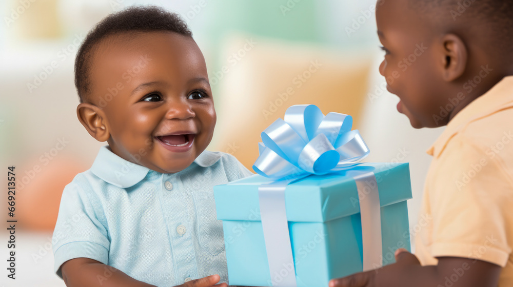 Two babies in blue shirts smiling holding a blue box. Two babies in blue shirts smiling holding a blue box.