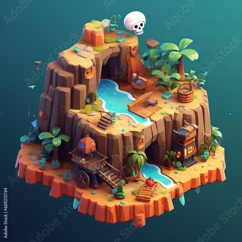 Tiny cute isometric pirate cave in the style of caribbean with skulls as a warning