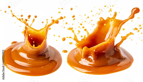 caramel sauce splash isolated on white background with clipping path