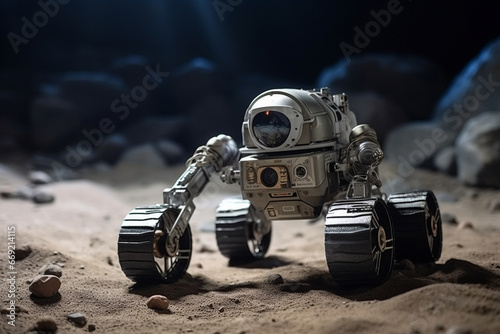 A robot designed for space exploration, being tested in a simulated lunar or Martian environment, love and creativity with copy space photo